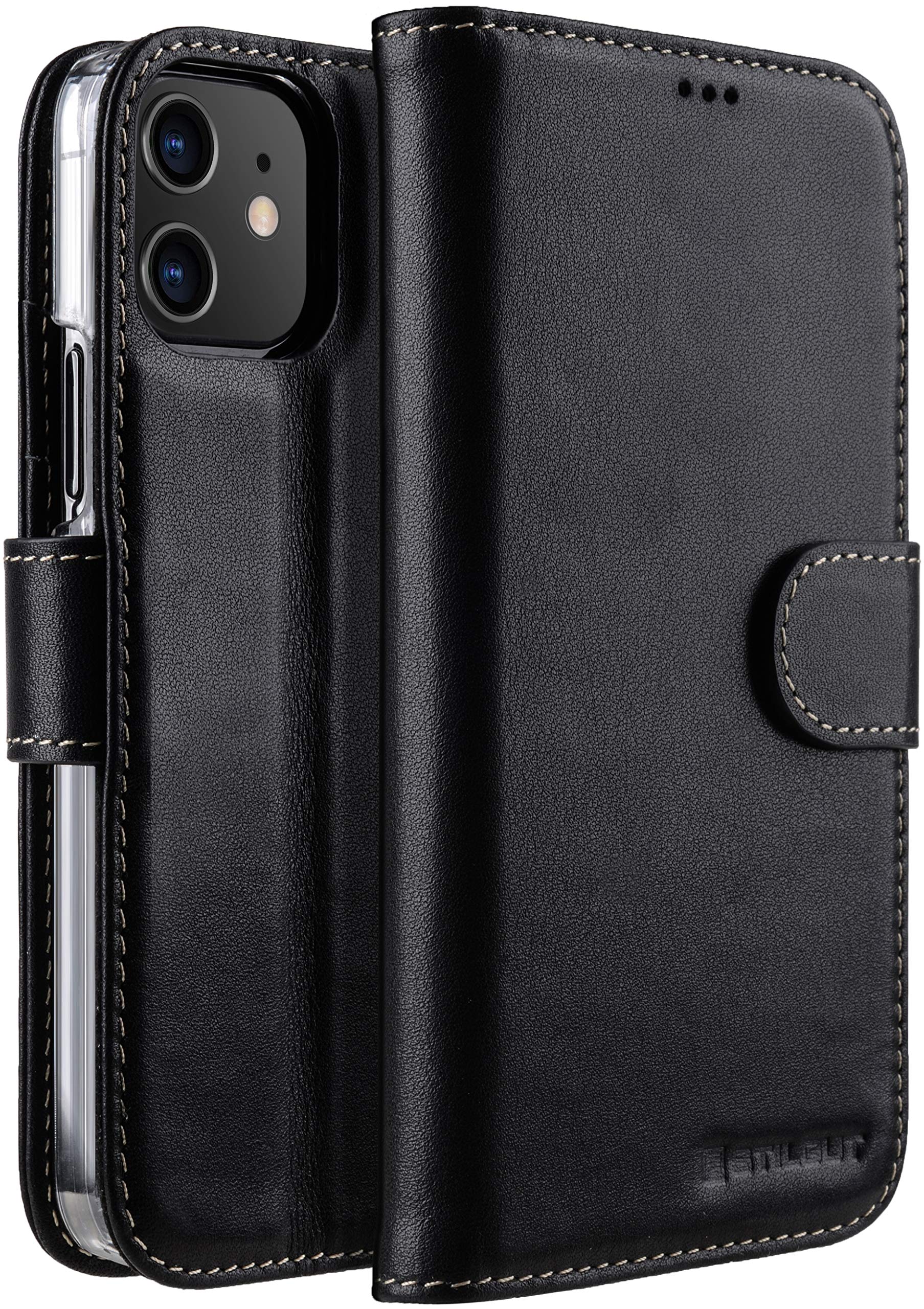 StilGut Wallet Case for iPhone 12 mini (5.4"), Genuine Leather iPhone 12 mini case with Card Holder & Stand Function, Black Nappa