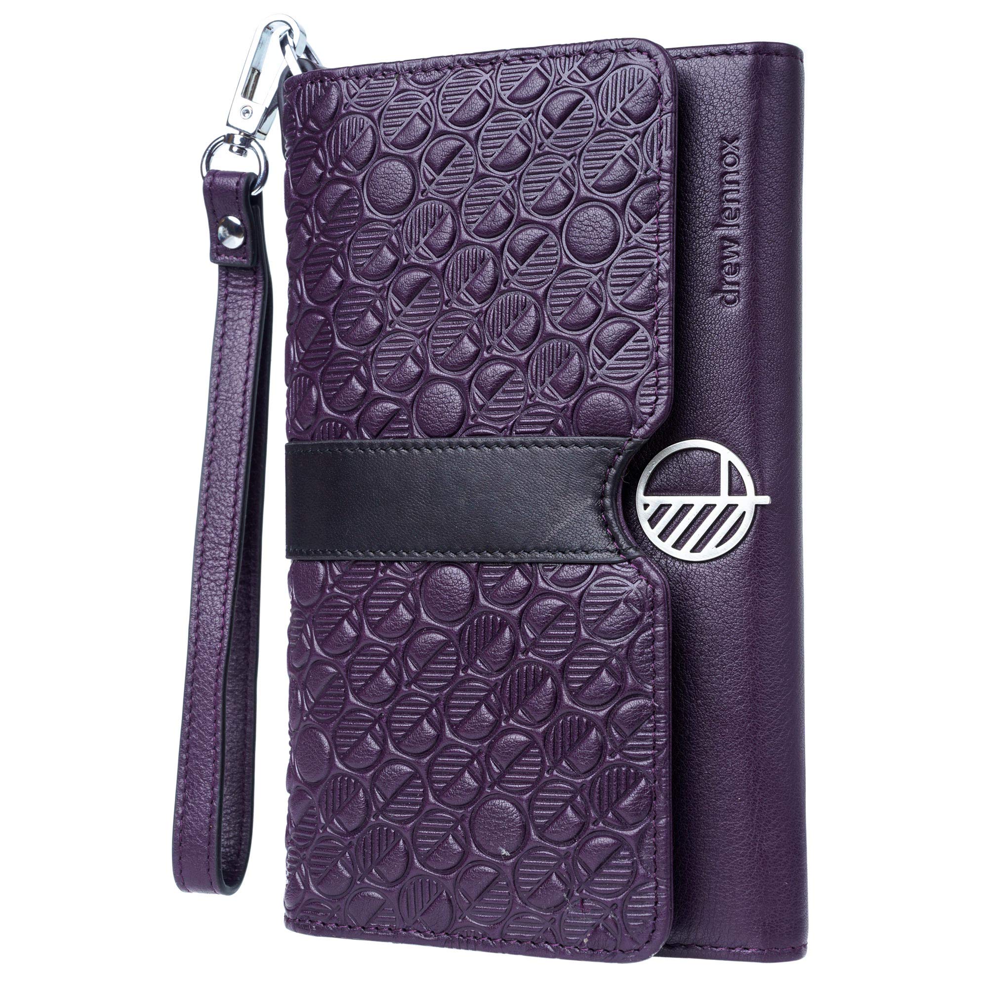 Drew Lennox Premium British Leather Wallet for Women, Travel Wallet, Clutch Bag with Wrist Strap— Passport Holder, Phone Holder, Cards Slots, Slip Pockets— ID Window— Gift Box— Purple and Black