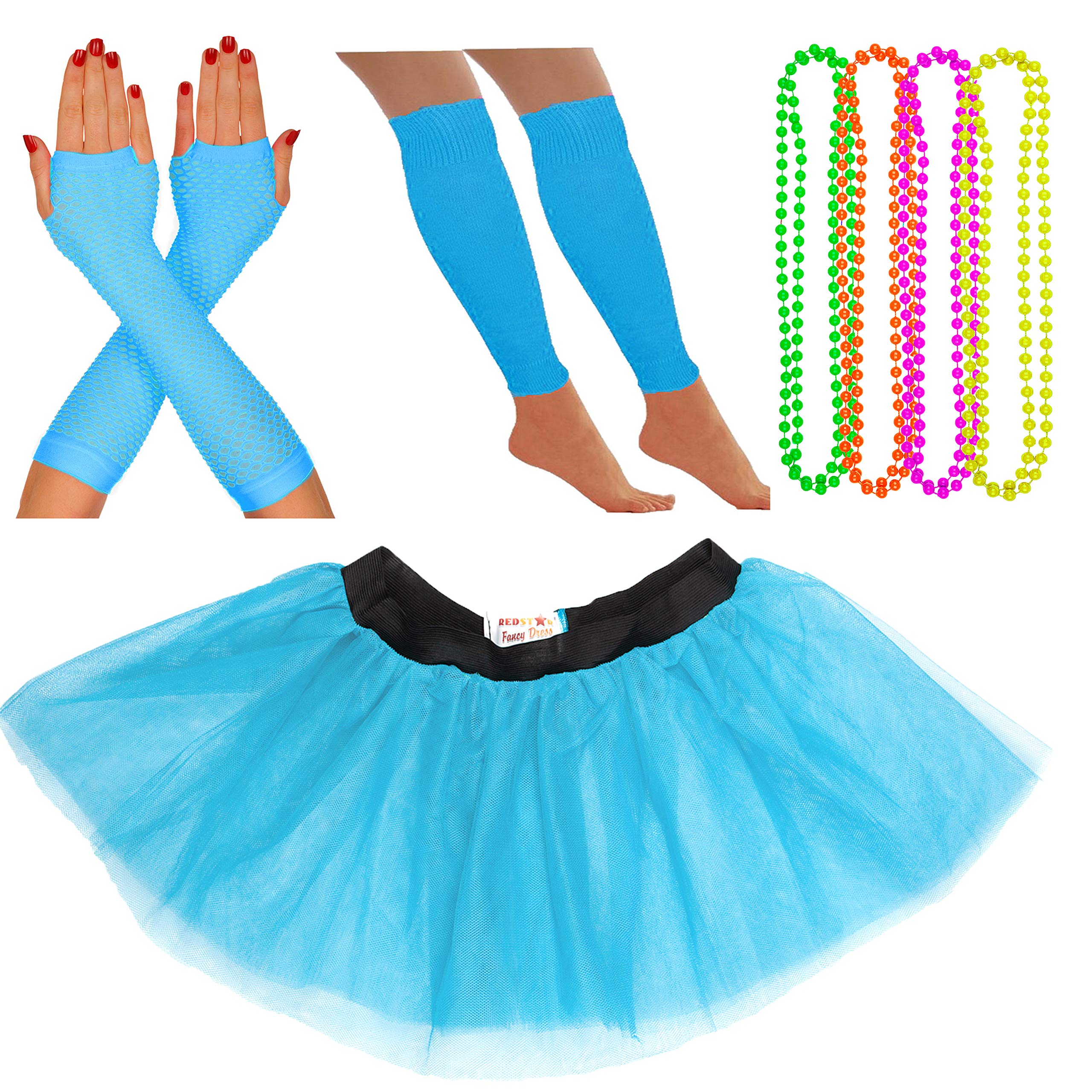Neon Tutu, Fishnet Gloves, Legwarmers, 4 Pack Necklace Beads | 1980's Adult Fancy Dress Fluorescent Accessories Set | Multi Coloured, Womens, Hen Party Costume (14-22 UK, Turquoise)