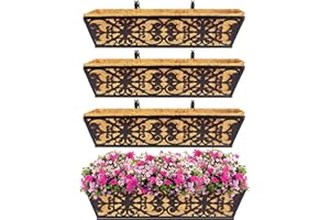 KARLLIU 4 Pack 24 Inch Window Boxes Planters Railing Planter Box with Adjustable Brackets & Coco Liners Fabric Plant Grow Bags Deck Railing Planter Boxes Balcony Hanging Flower Box for Outdoor Plants