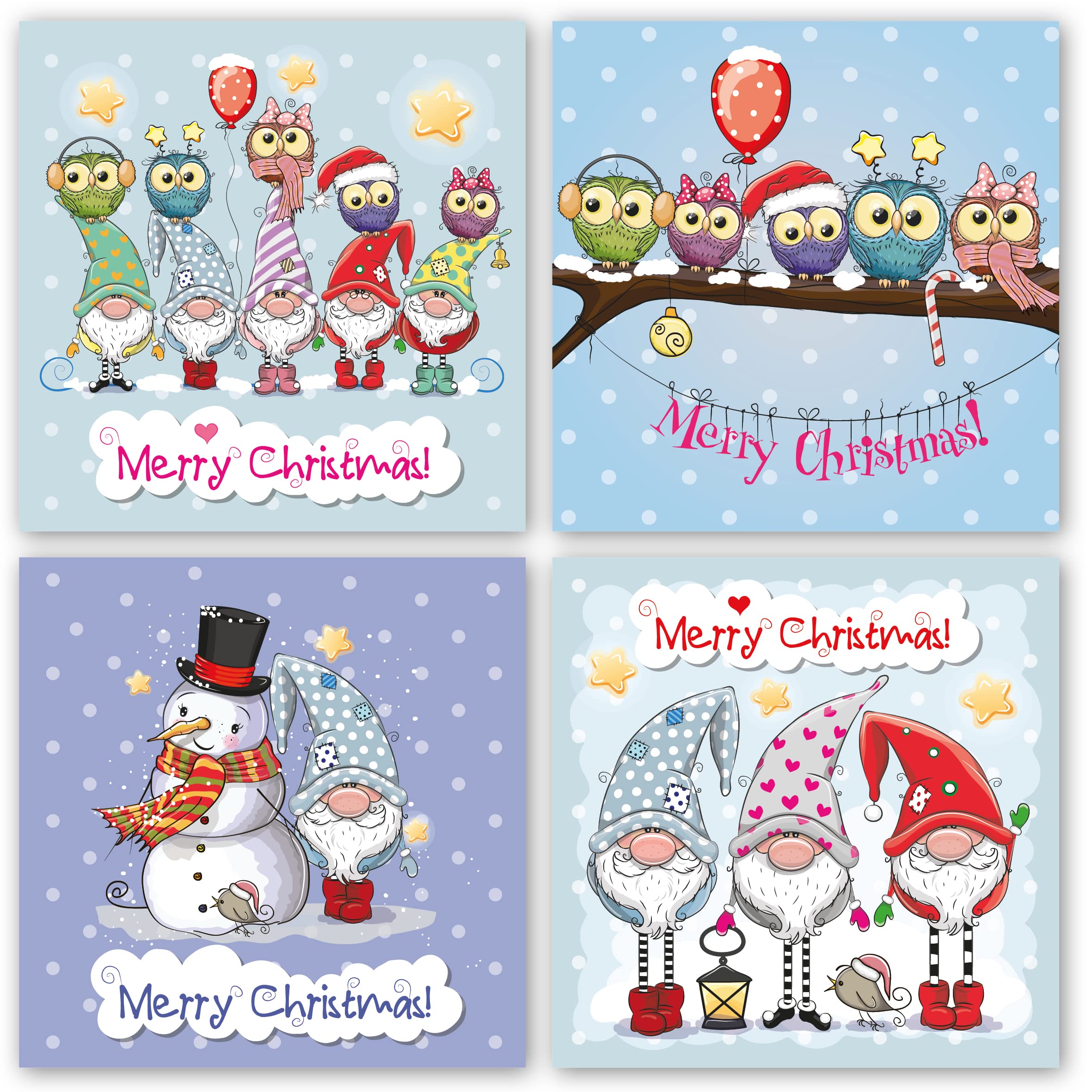 Charity Christmas Cards. Pack of 24. Each Christmas Card Multipack has 4 Different "Gnomes & Owls" Designs. Ecofriendly and UK Made. Blank Inside. 115 x 115mm Card Size.