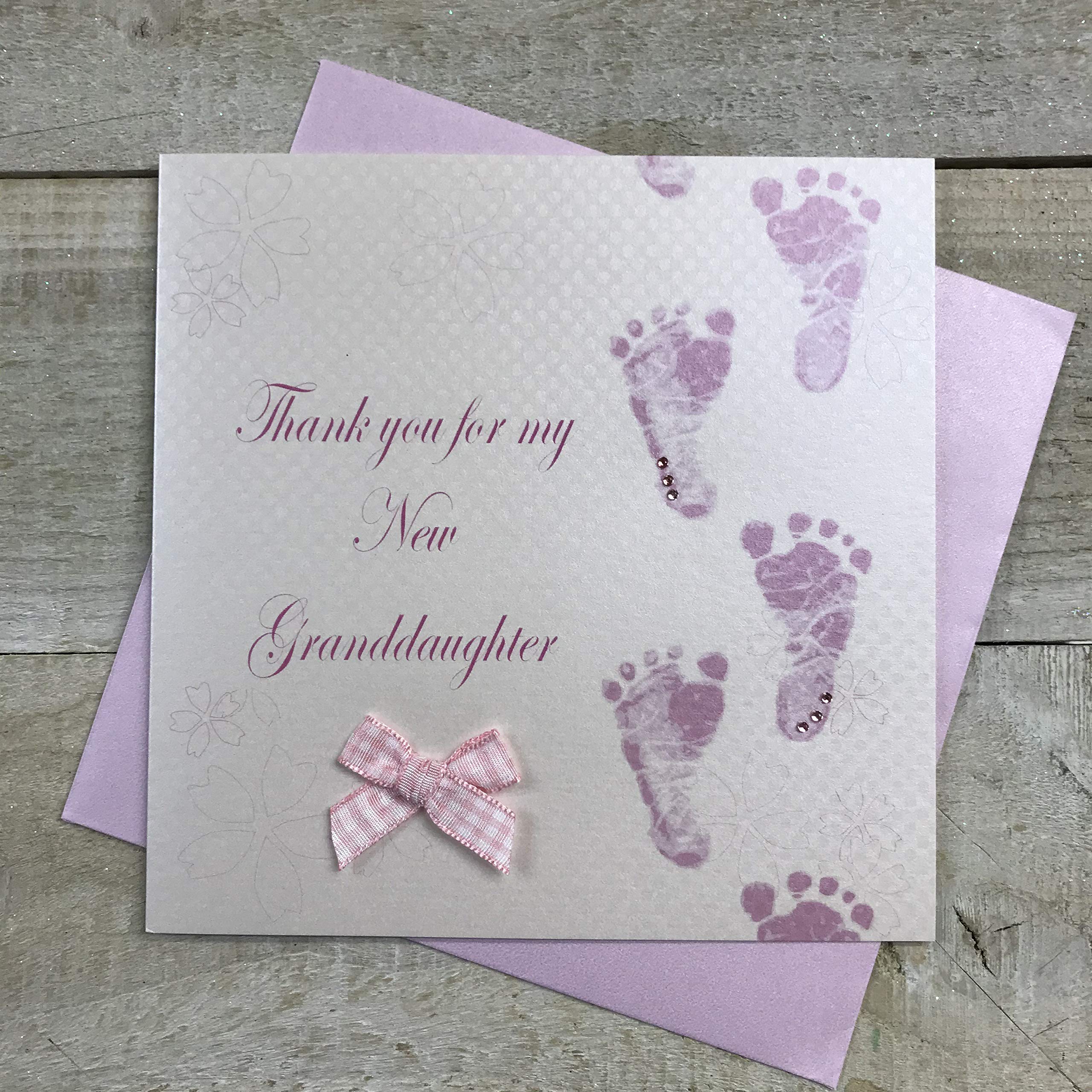 white cotton cards Pink Footprints Thank You For My New Granddaughter Hand Finished New Granddaughter Card, WB225-GD