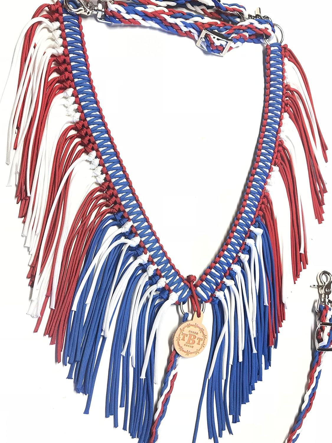 fringe breast collar paracord horse tack red white and blue