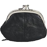 Leatherboss Leather Women's Coin Holder Pouch Purse Double Frame Wallet with Zipper Pocket, Black