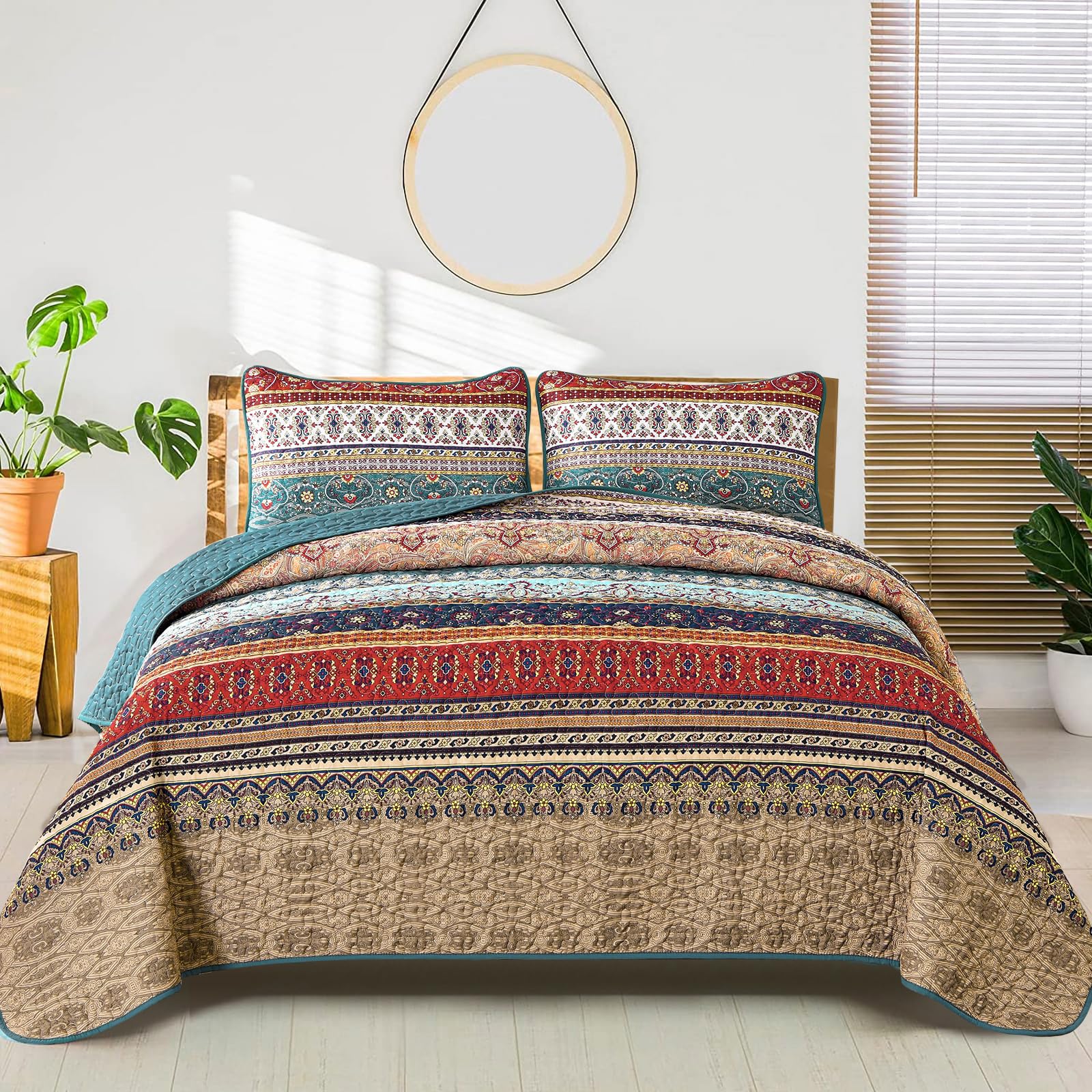 Photo 1 of WONGS BEDDING Boho Queen Quilt Set, Green and Brown Bohemian Queen Quilt Bedding Set, Lightweight Microfiber Bed Decor Bedspread for All Season 96"x90"(3 Pieces)