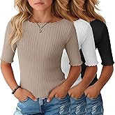 Oakgarden 3 Pack Girl's Half Sleeve T Shirts Kids Ribbed Lettuce Trim Tops Boat Neck Elbow Length Tees for 5-16 Years