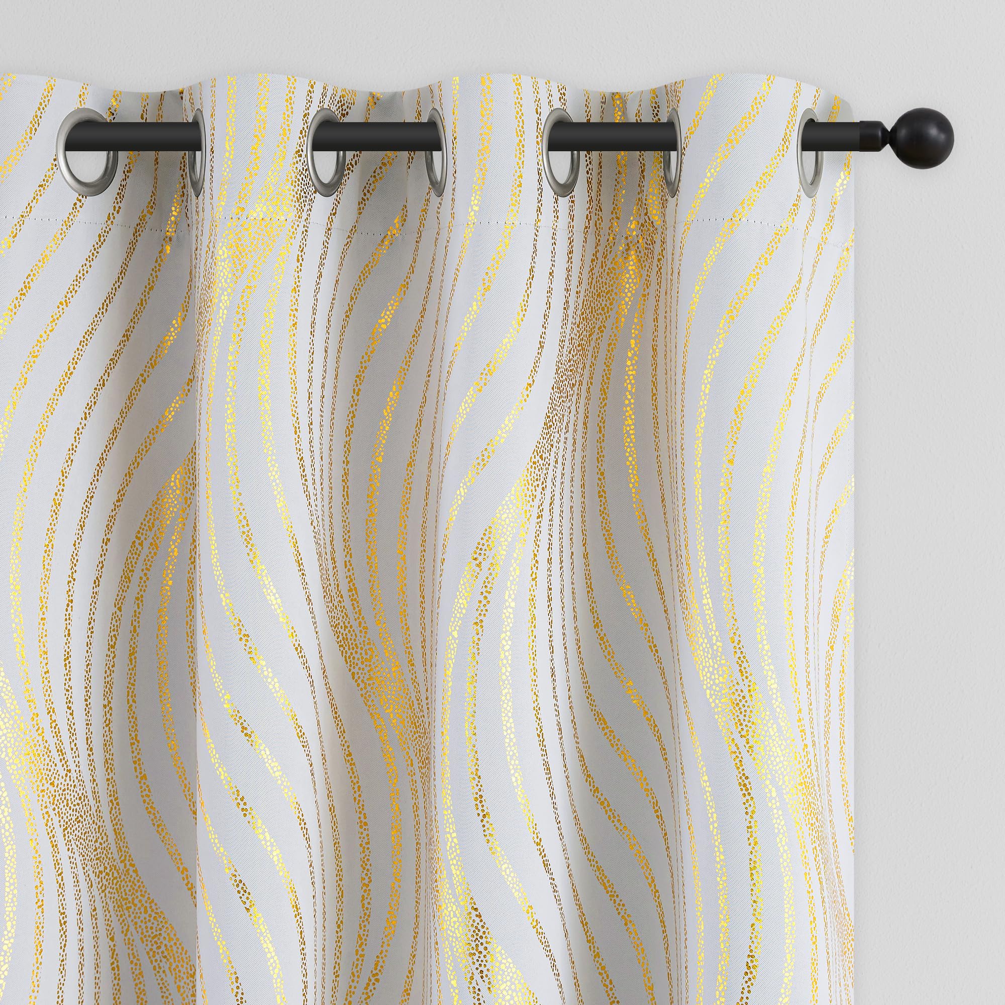 Photo 1 of Xwincel 100% Blackout Curtains for Bedroom, White Gold Wave Line Dot Patterned Curtains 84 Inches Long, Metallic Gold Drapes Living Room Darkening Thermal Insulated Grommet Window Curtains 2 Panels