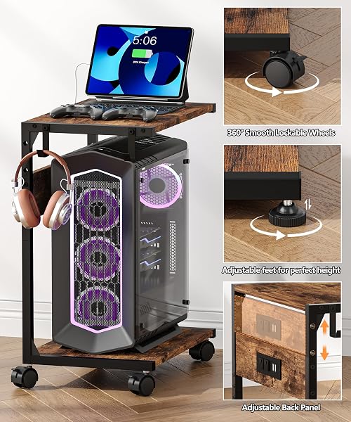AKXOMEL 2 TIER COMPUTER TOWER STAND WITH CHARGING STATION, 11.8″ D X 16.5″ W ROLLING FLOOR PC TOWER STAND FITS UNDER DESK, CPU HOLDER CART FOR CARPET WITH HOOKS, C SHAPED END TABLE FOR HOME OFFICE