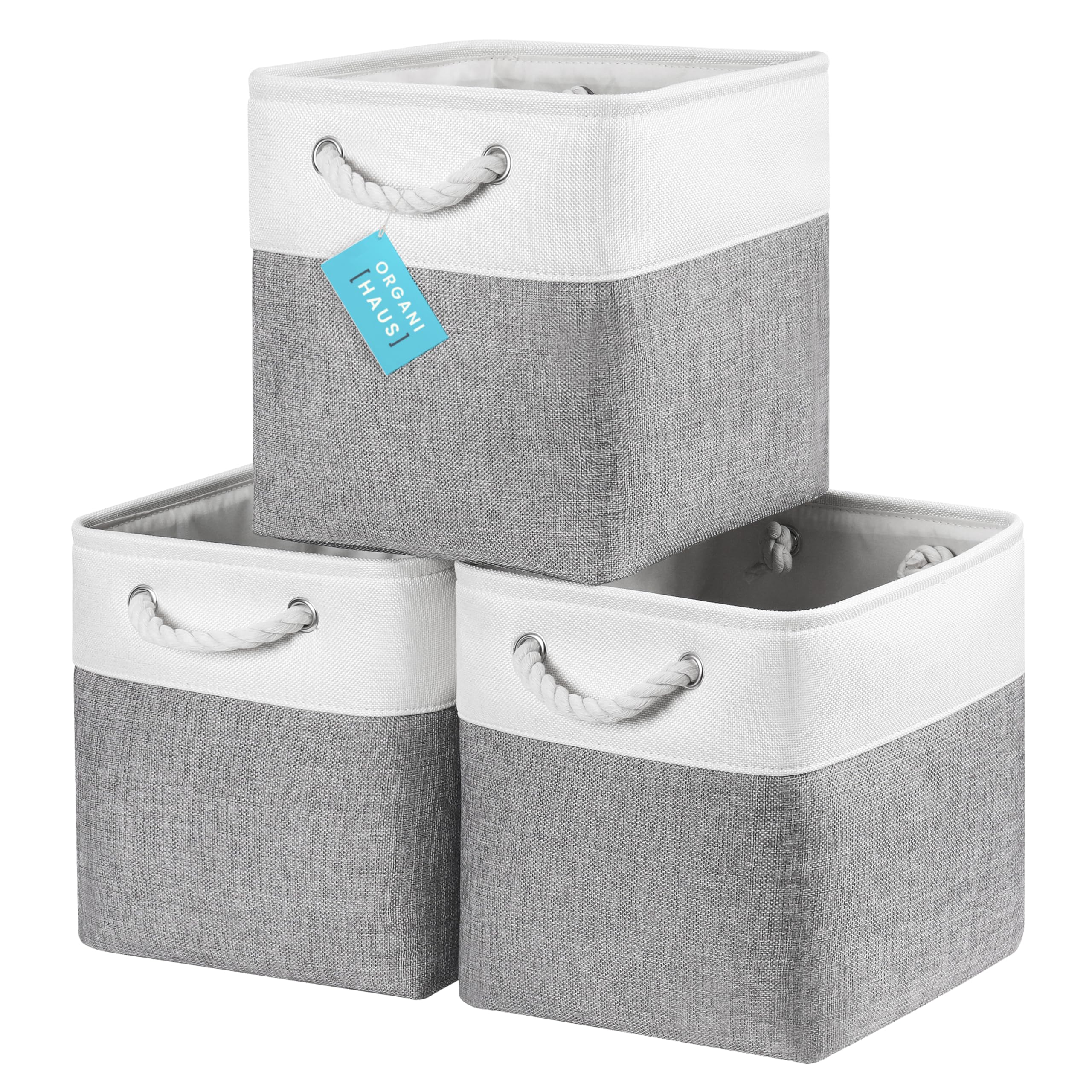 OrganiHaus Fabric Storage Boxes, Set of 3 Foldable 28x28 Cube Organiser Bins with Rope Handles for Shelves, Nursery & Closet, Collapsible Storage Baskets for Toys, Clothes & More - Grey/Off-White