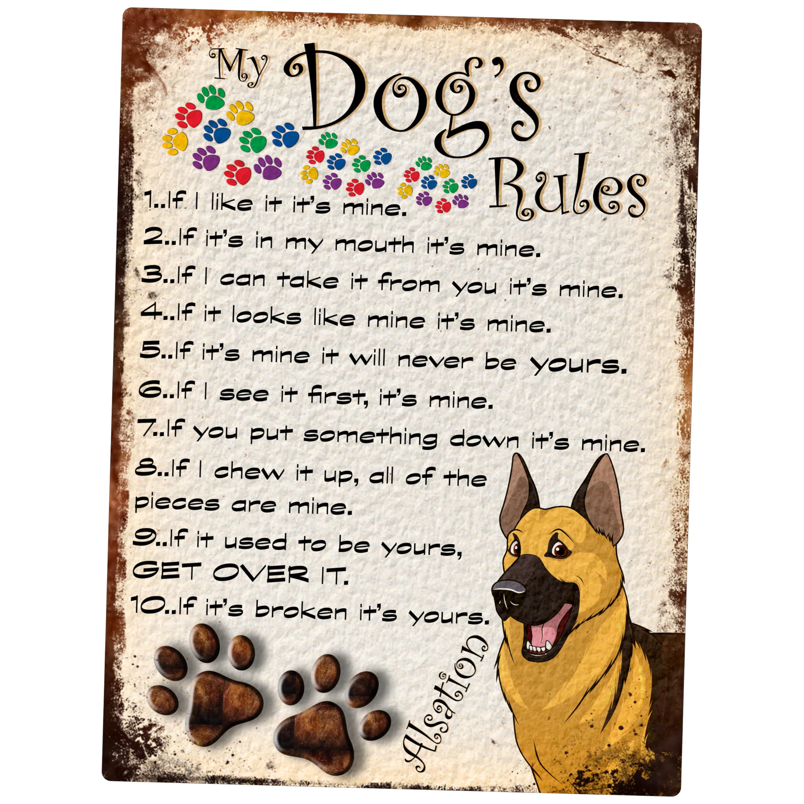 MY DOG'S RULES RETRO STYLE METAL TIN ALSATION SIGN/PLAQUE THEME 10" X 8" (82DRM)
