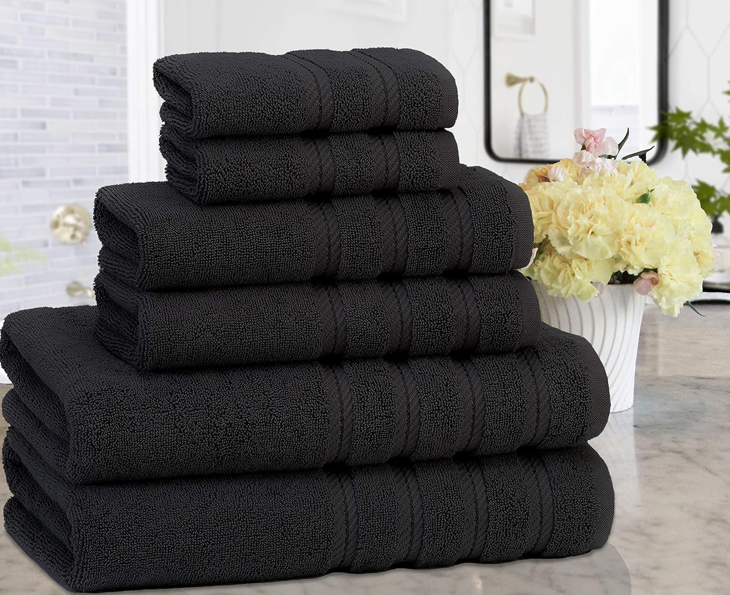 American Soft Linen 6-Piece 100% Turkish Genuine Cotton Premium & Luxury Towel Set for Bathroom & Kitchen, 2 Bath Towels, 2 Hand Towels & 2 Washcloths [Worth $72.95] - Black: Kitchen & Dining