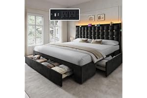 YITAHOME King Size Bed Frame with 3 Storage Drawers and RGB LED Lights, Velvet Upholstered Bed with Charging Station and Storage Headboard, No Box Spring Needed, Easy Assembly, Noise-Free, Black