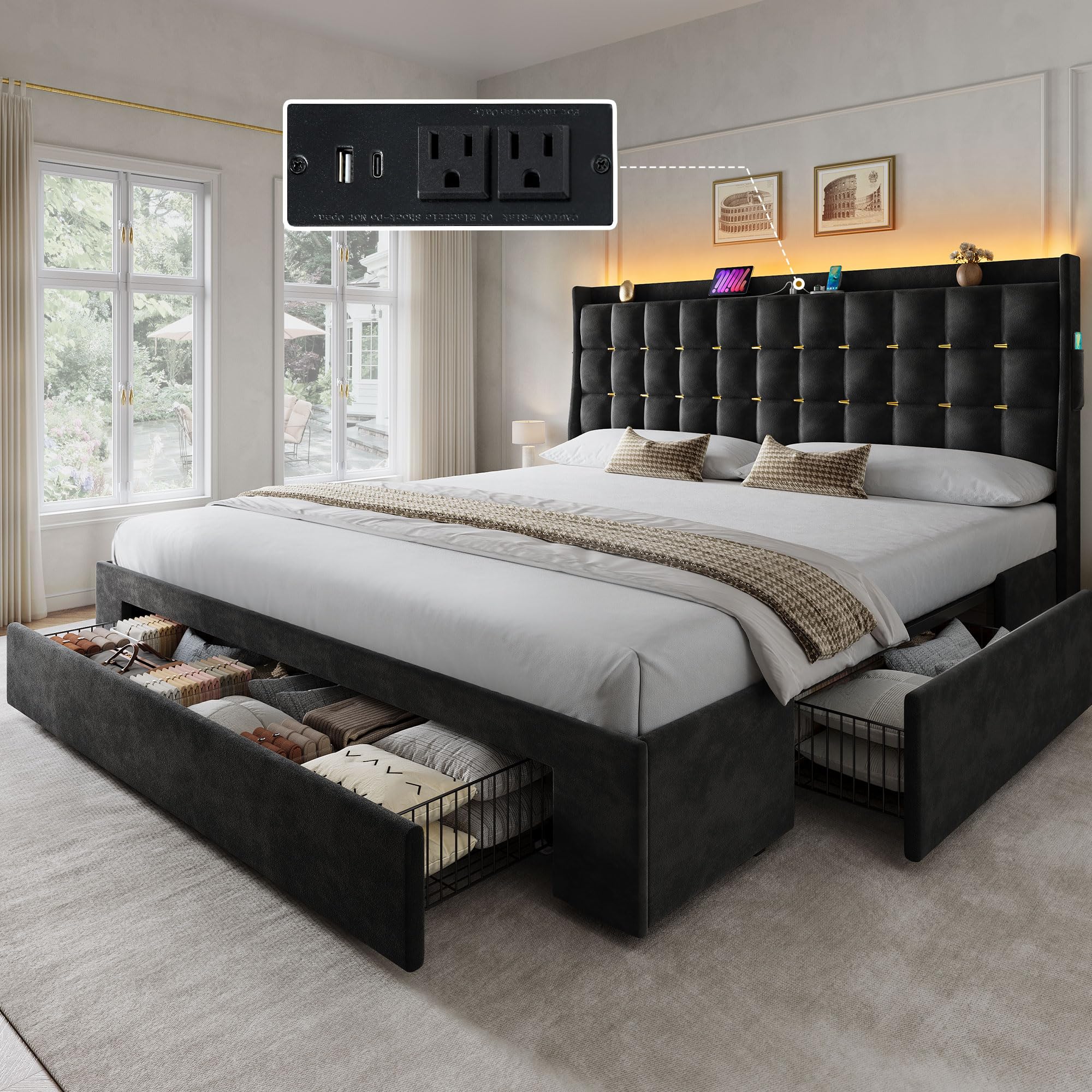 Photo 1 of YITAHOME King Size Bed Frame with 3 Storage Drawers and RGB LED Lights, Velvet Upholstered Bed with Charging Station and Storage Headboard, No Box Spring Needed, Easy Assembly, Noise-Free, Black