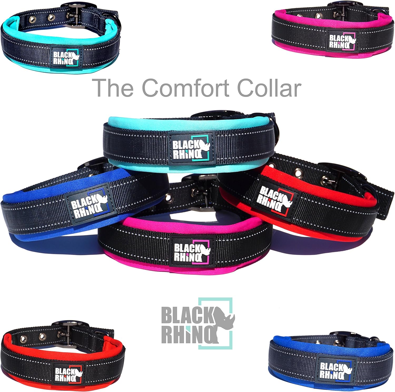 Black Rhino - The Comfort Collar Ultra Soft Neoprene Padded Dog Collar for All Breeds - Heavy Duty Adjustable Reflective Weatherproof