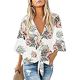 Women's Casual Floral Blouse Batwing Sleeve Loose Fitting Shirts Boho Knot Front Tops