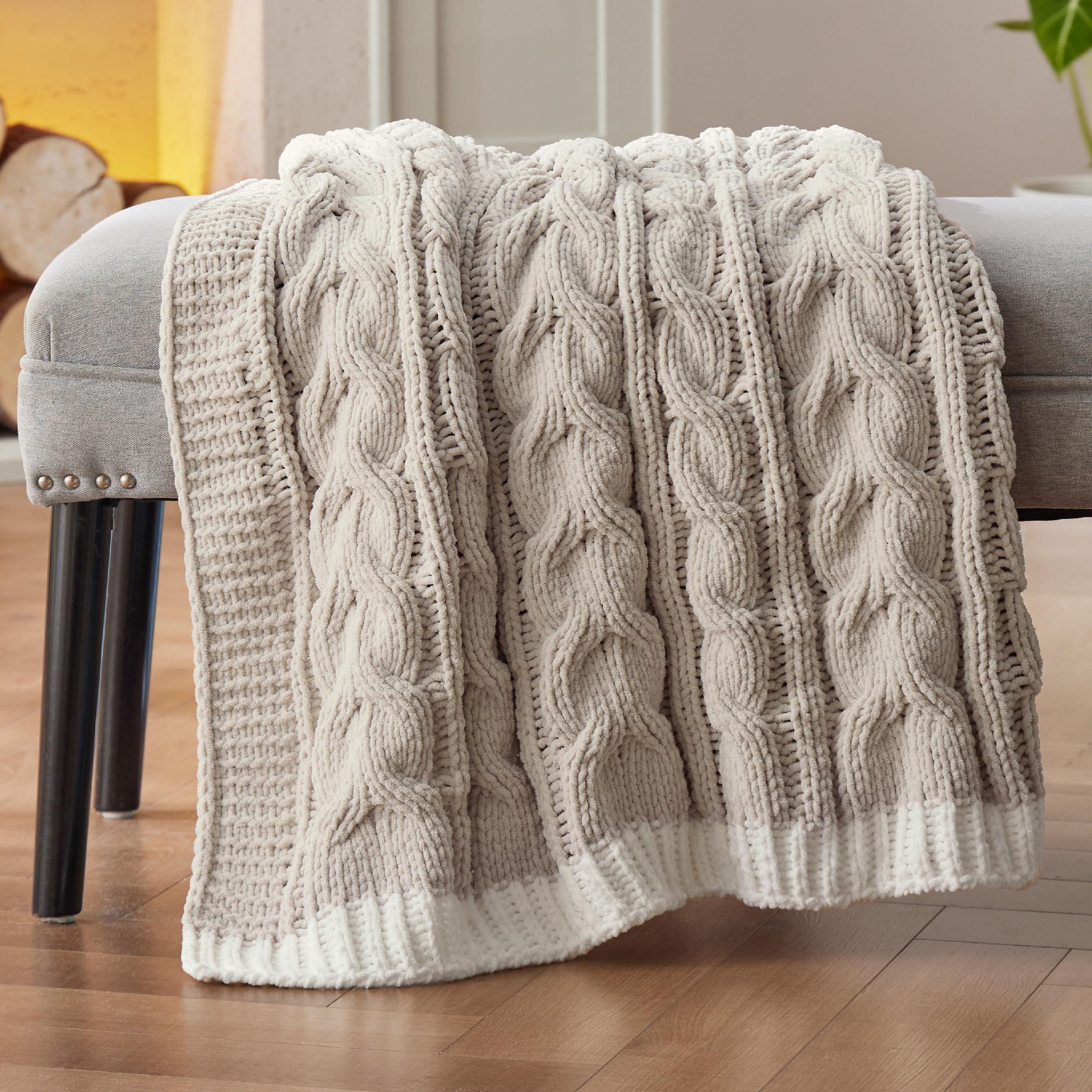 Photo 1 of Bedsure Cable Knit Throw Blanket for Couch Bed - Chenille Chunky Knit Throw Blanket for Winter and All Seasons, Soft Cozy and Warm, Beige, 50x60 Inches