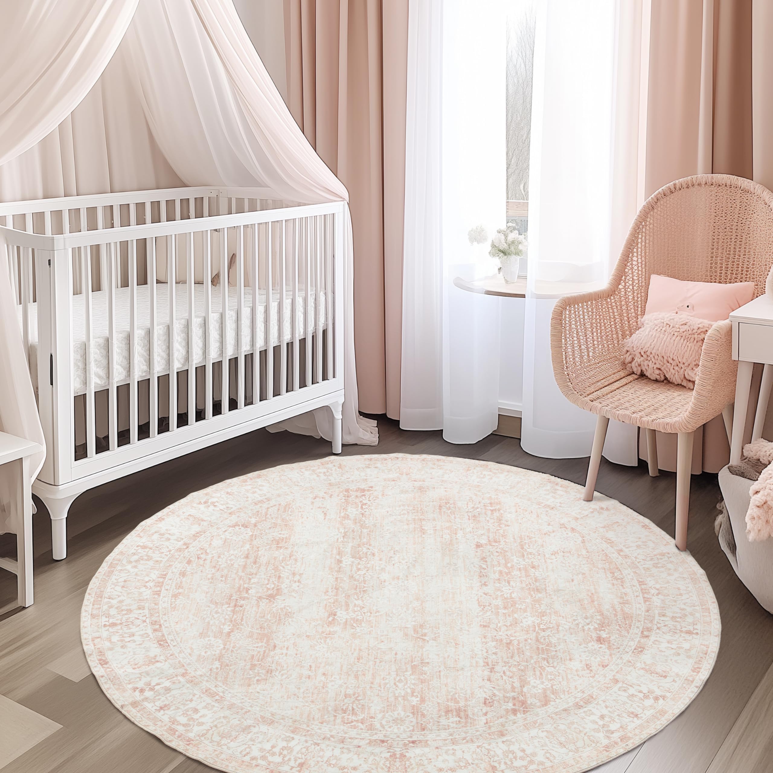 Photo 1 of BILEEHOME 5ft Round Rug Washable Area Rug Vintage Indoor Floor Cover Floral Print Blush Pink Circle Carpet 5' Round Kitchen Living Room Bedroom Dining Room