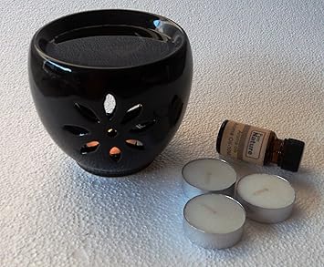 Pure Source India Ceramic Aroma Burner Black Color Coming With 4 Tea Light Candle And 10 ml Relaxing Aroma Oil, (Black With Relaxing Aroma Oil)