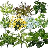 WINTS 17 Bundles Outdoor Artificial Plants,UV Resistant Fake Greenery Stems,Faux Shrubs Plastic Plant for Outdoor Planter Porch Patio Garden Window Box Home Decor