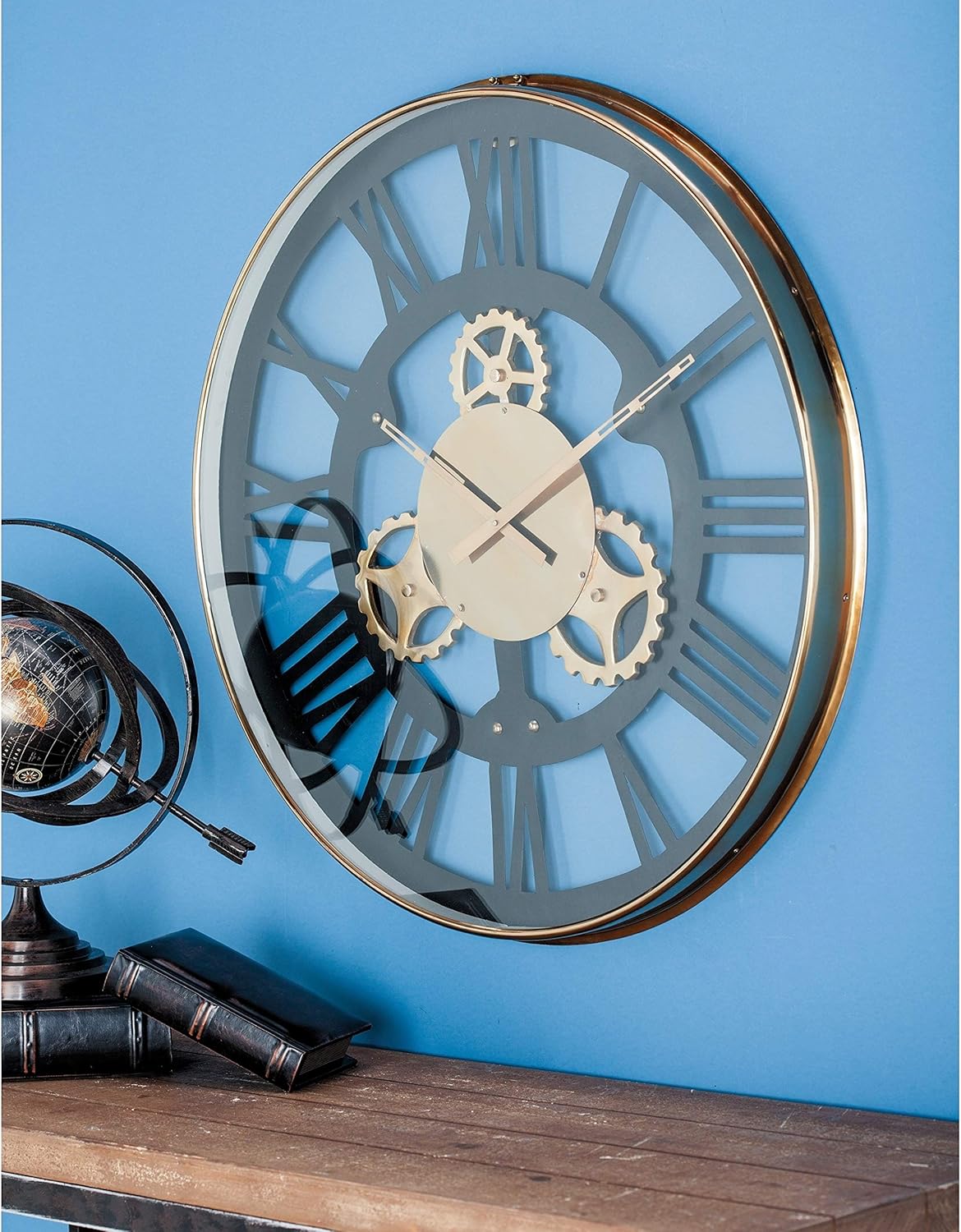 UKN Stainless Steel Wall Clock Black Industrial Round Finish Roman Numeral Display