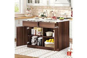DYNJEST Kitchen Island with Storage, 47.2" Large Faux Marble Countertop Kitchen Island with 2 Drawers and Adjustable Shelves, Coffee Bar Station, Beveled Edge Door Cabinet, Dining Table for 2-4 People, Walnut