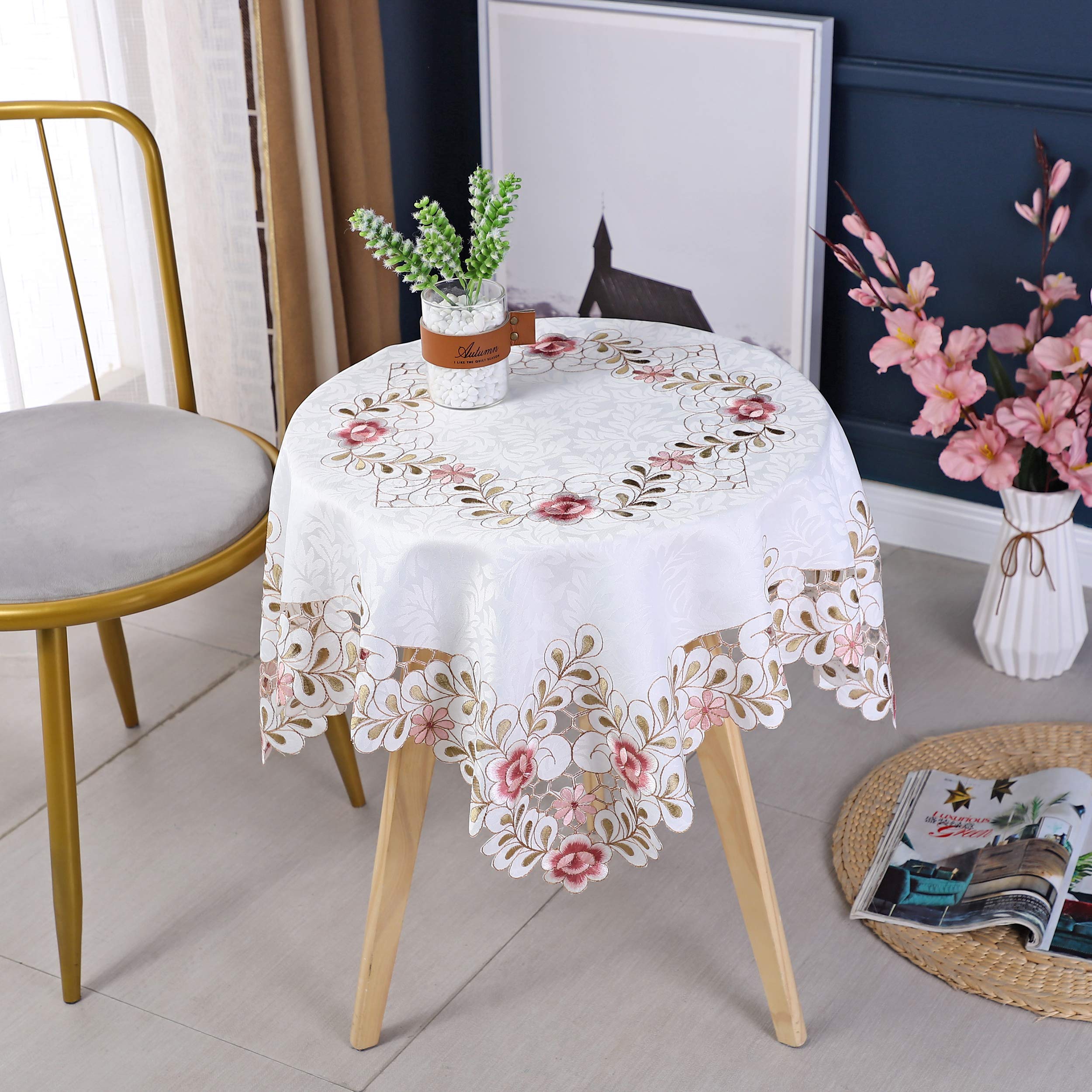 Inmerget 2PCS Small Beige Delicate Tablecloth Rustic Square Bedside Table Covers Nightstands With Elegant Floral Patterns Embroidered 22 x 22 inch/56x56cm