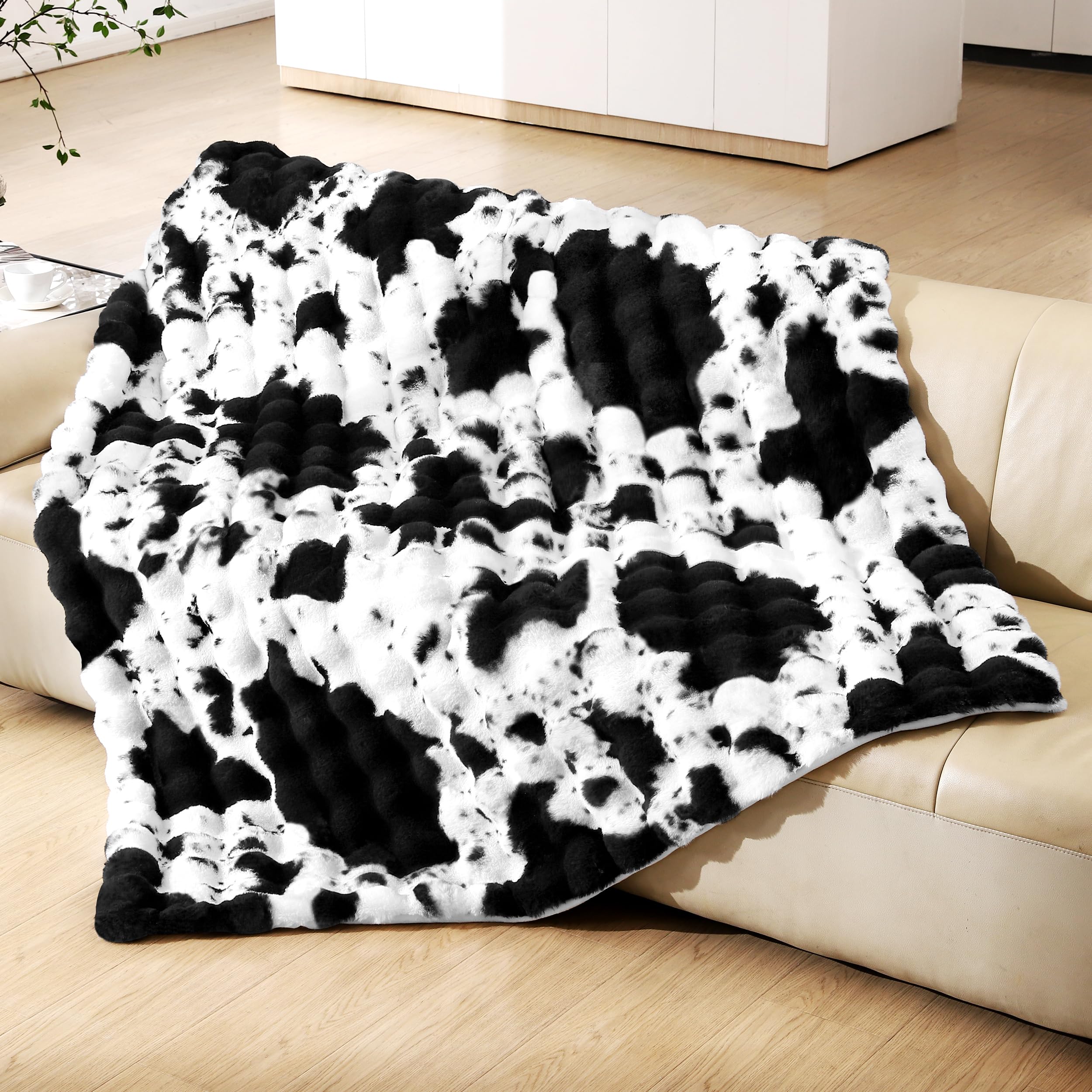 Photo 1 of PLUUSHUU Faux Rabbit Fur Bubble Blanket, Fluffy Fuzzy Warm Throw Blanket for Couch, Soft Cozy Shaggy Plush Furry Blanket, Luxury Decorative Gifts for Sofa Bedroom, 60x50inch (Cow Print-Black)
