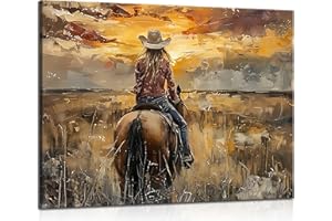 Western Cowgirl Riding Horse Canvas Wall Art Western Girl Room Oil Posters Pictures Sunset Countryside Landscape Painting Wal