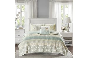 Madison Park 100% Cotton Quilt Set Floral Print, Double Sided Stitching, All Season, Lightweight Coverlet Shabby Chic Bedding Layer, Matching Shams, King/Cal King(104"x94"), Green Yellow 6 Piece