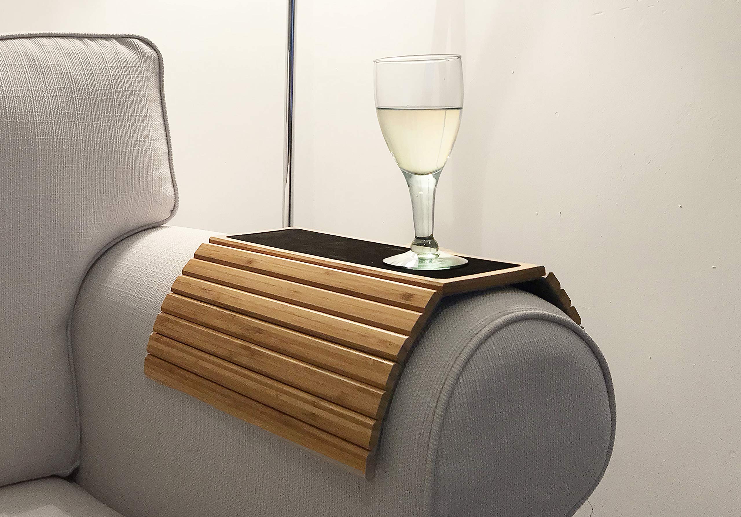 En Route Bamboo Arm Tray Table | Foldable Couch Armrest Tray with Non-Slip Mat for Drinks, Snacks, Phone & Remote | Flexible, Sustainable Slinky Bamboo Design | Armchair Table, Sofa Tray
