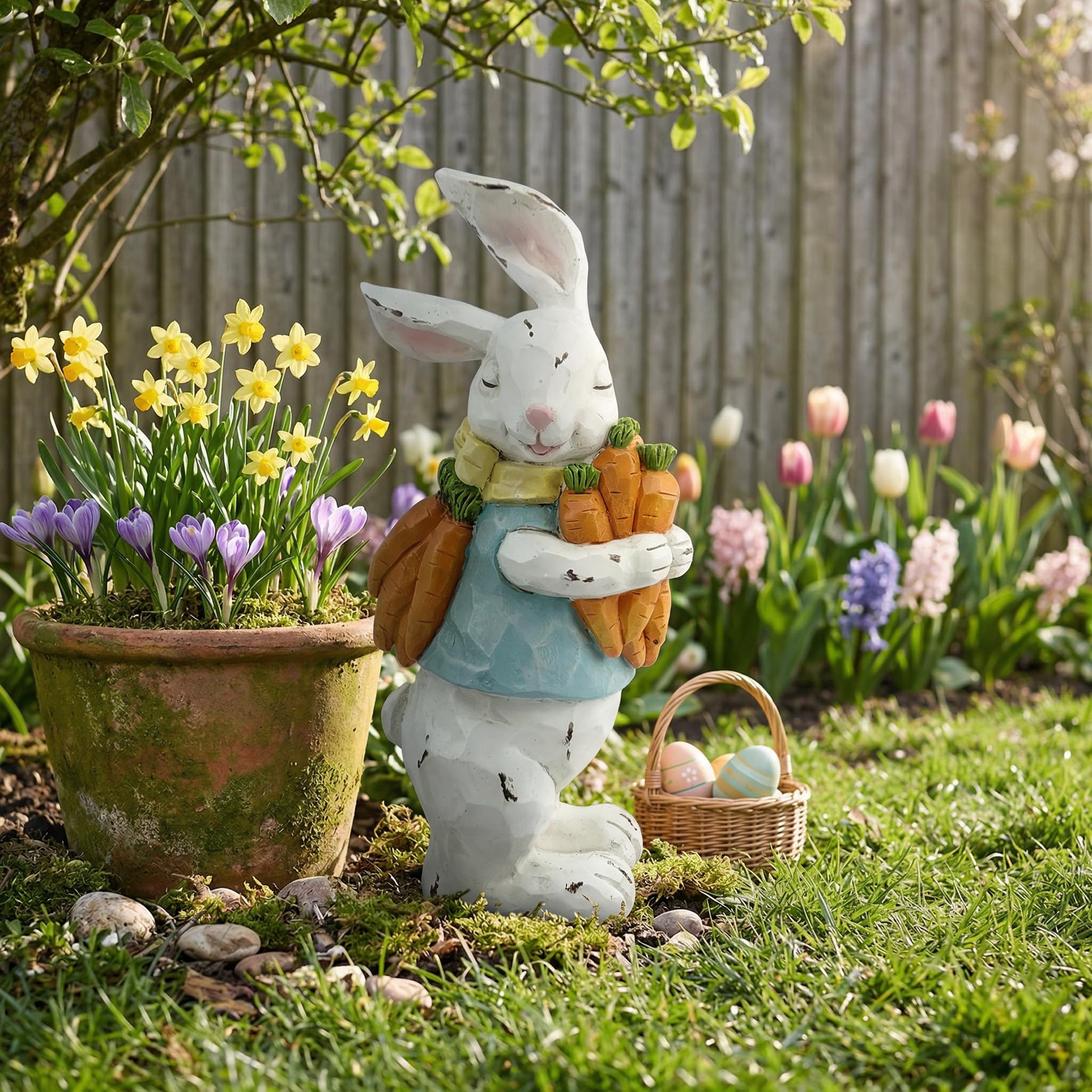 Photo 1 of **BROKEN EAR**GoGnome Easter Decorations Bunny Resin Figurine with Carrots – 9.3'' Hand-Painted Rabbit Outdoor Statue, Spring Farmhouse Garden Decor for Easter, Mantel, Shelf, or Gift (White/Blue/Orange)