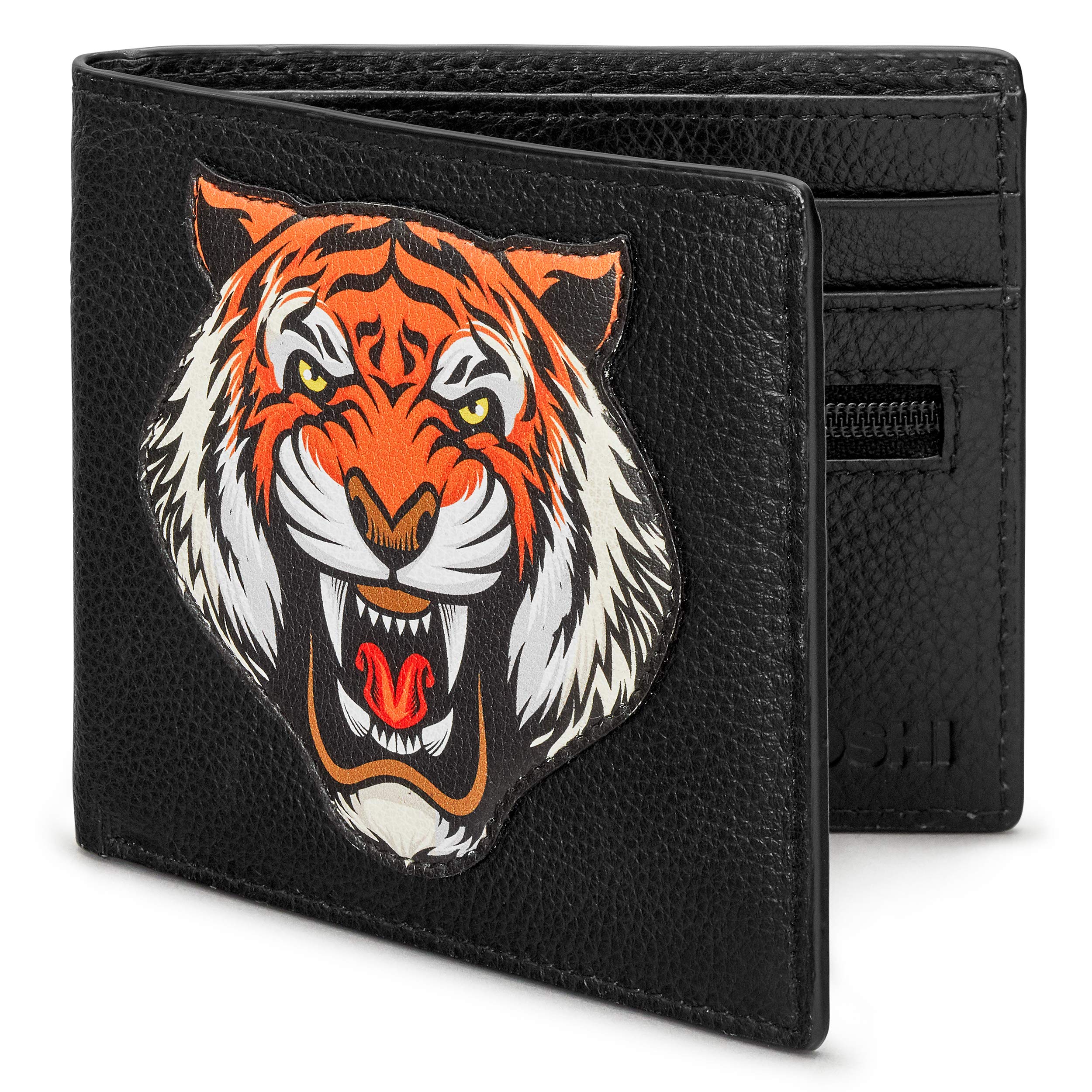Yoshi Tiger Men's Leather Wallet, Genuine Black Leather Wallet, RFID Blocking Wallet, Slim Wallet for Men