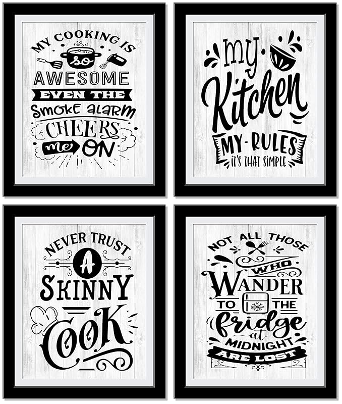 Kitchen signs - Set of 4 Super Funny Kitchen Wall Decor, My Cooking is Awesome - Even smoke alarm Fun Kitchen Art Home Decor, Funny Kitchen Decor | 8 x 10 UnFramed Prints…