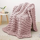 Mooreeke Chunky Knit Blanket 40"x50" Pink Soft Washable Chenille Throw Blanket Cozy 100% Handmade Crochet Blankets with Jumbo Chenille Yarn for Couch Bed Sofa Room Decor