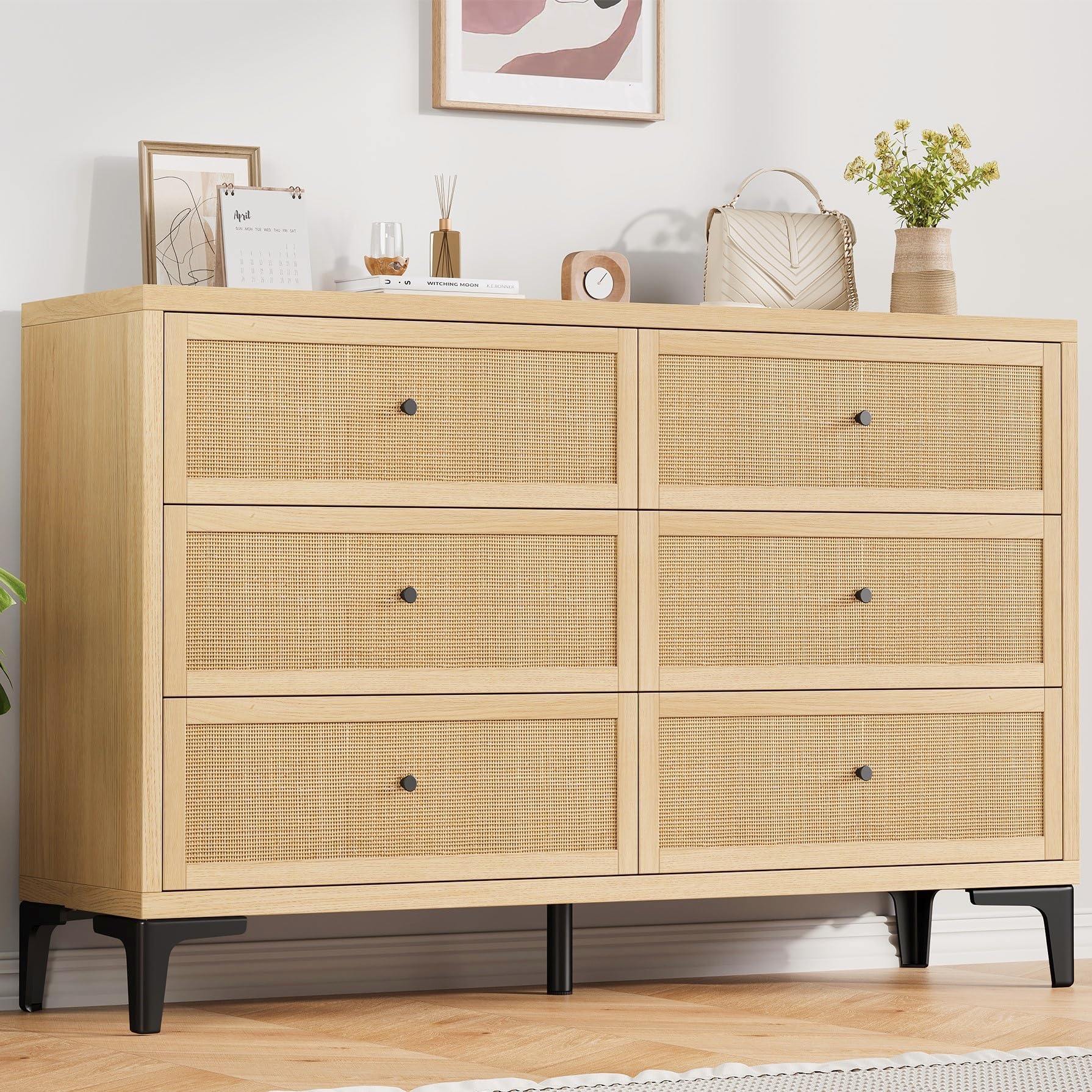 Photo 1 of **FOR PARTS ONLY** Jocoevol Rattan Dresser for Bedroom with 6 Drawers, Wide Chest of Drawers & Boho Dresser for Closet, Store Organizer for Bedroom, Living Room, Hallway (Natural)