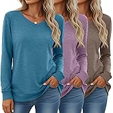 Velvelhall 3 Pack Women's Long Sleeve Sweatshirts Cotton V Neck Pullover Shirts Casual Loose Fit Soft Basic Tunic Tops