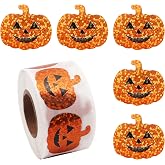 Pumpkin Stickers, 1.5 Inch Halloween Stickers for Kids,500Pcs Pumpkin Decorating Sticker Holographic Sticker Roll Sparkly Self-Adhesive Face Stickerss for Halloween Party Favor Envelope Decor Supplies