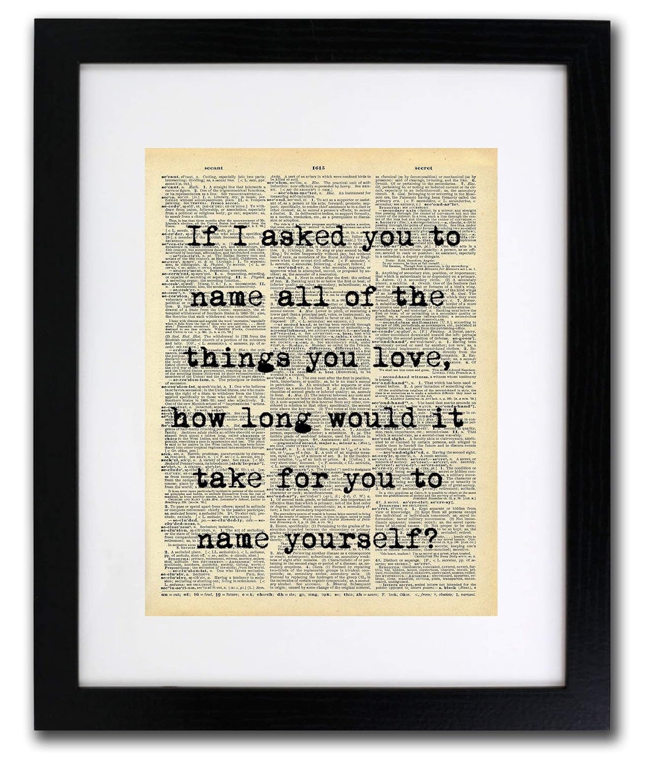 Name The Things You Love Quote Dictionary Art Print - Vintage Dictionary Print 8x10 inch Home Vintage Art Wall Art for Home Decor Wall Decorations For Living Room Bedroom Office Ready-to-Frame