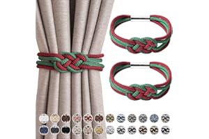 NICEEC 2 Pack Strong Magnetic Curtain Tiebacks Upgrade Nordic Style Drape Tie Backs Double Color Weave Rope Knot Decorative Curtain Holdbacks for Home & Office Window Drapery (Christmas)