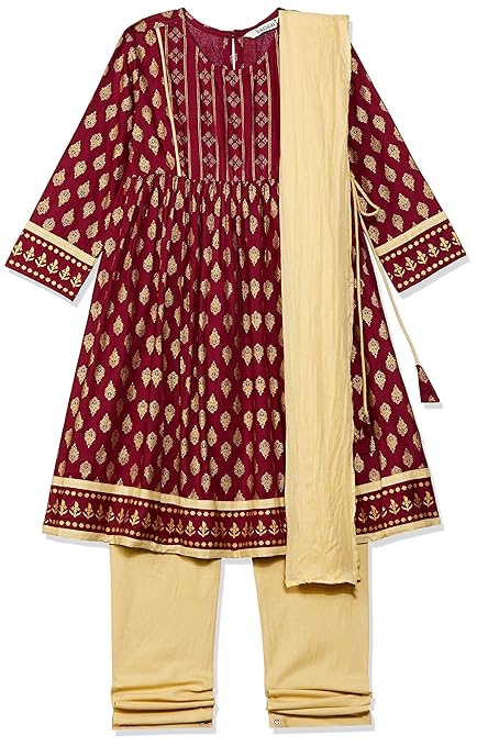 Karigari Girl's cotton a line Salwar Suit Set (281331622_MAROON_07Y