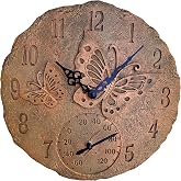 Lily's Home Hanging Wall Clock with Thermometer, Polyresin | Indoor and Outdoor Use, Housewarming Gift, Butterflies Lovers