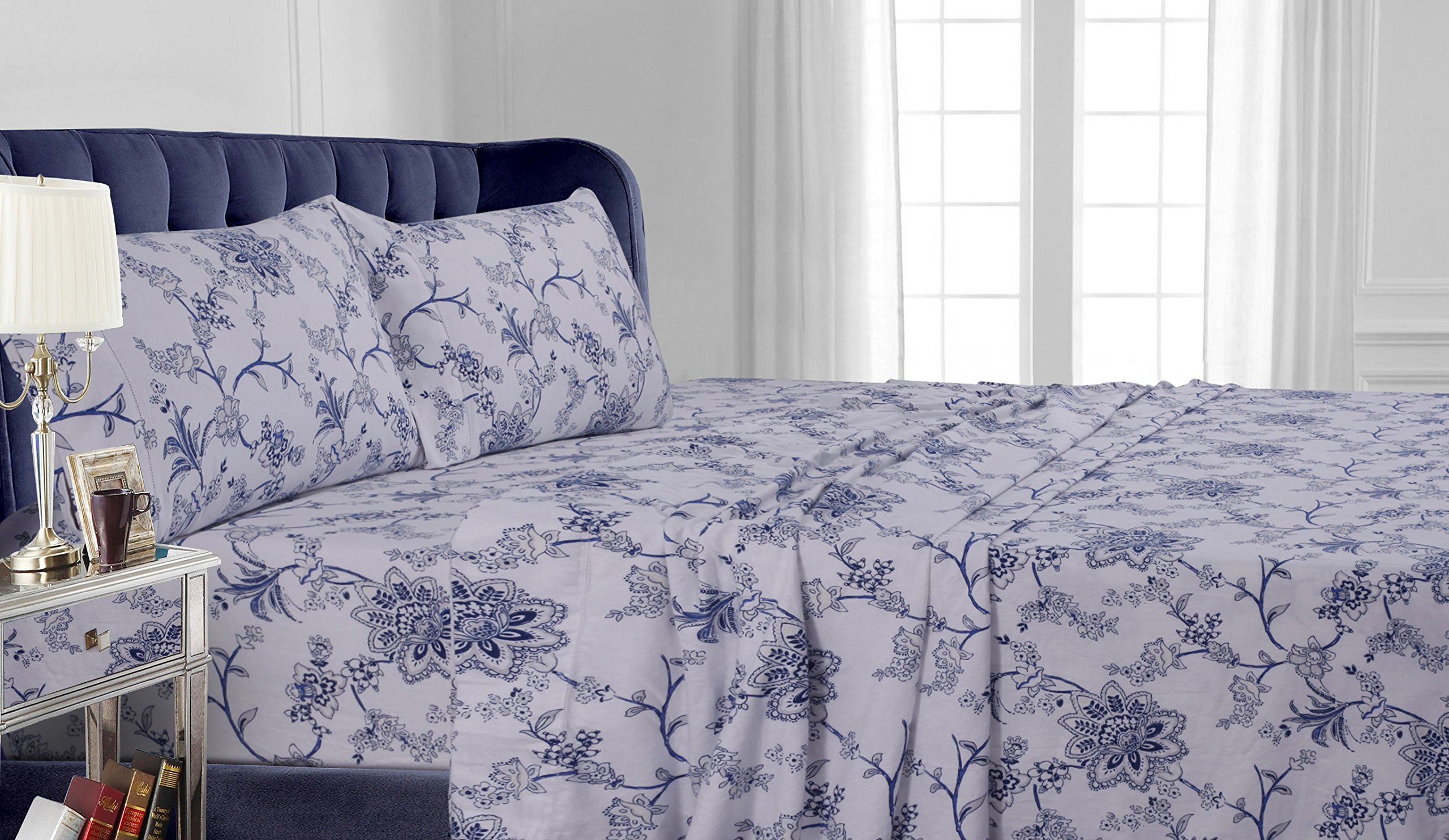 Tribeca Living Flannel Sheets King Size – 100% Cotton Flannel Sheet Set, 200 GSM Deep Pocket King Flannel Sheets, 4 Piece Ultra Soft Brushed Cotton Flannel Sheet in Floral Blue Print