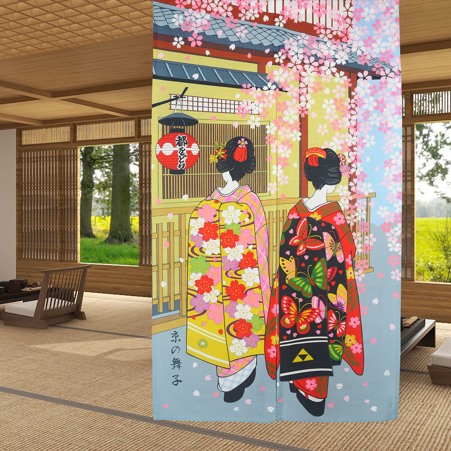 LIGICKY Noren Japanese Style Long Doorway Curtain Kyoto Geisha Girls and Cherry Blossom Window Treatment Tapestry for Home Decoration 33.5 x 59 inch