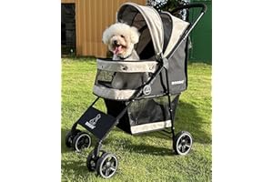 ROODO 4 Wheel Dog Cat Pet Stroller Best Lightweight Foldable Compact Portable Jogger All Terrain Travel Pet Gear Puppy Doggie Bunny Kitty Stroller for up to 30lbs Medium Small Dogs Cats(Light Khaki)