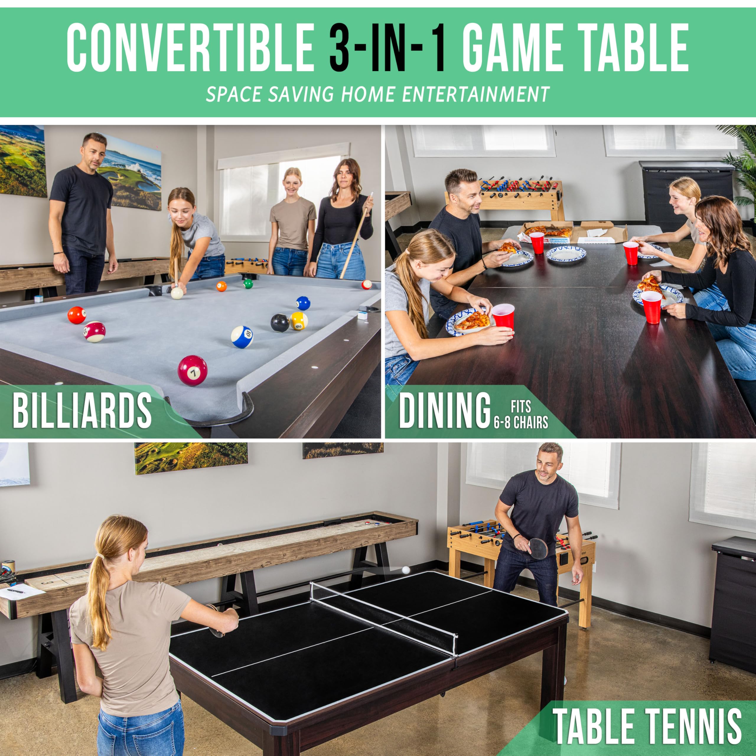 GoSports 7 ft 3 in 1 Pool, Dining, & Table Tennis Combo Table and Storage Benches - Convertible Top Game Table with Billiards and Table Tennis Accessories
