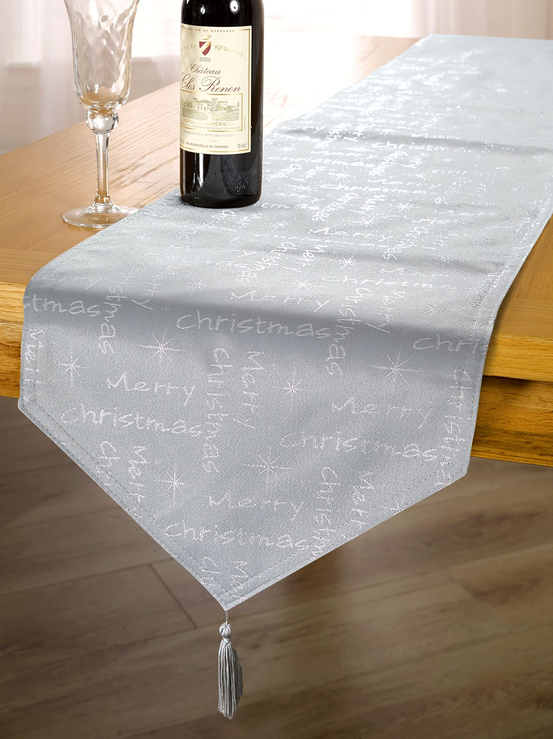 Emma Barclay Merry Christmas - Metallic Woven Jacquard Chrismas Table Runner in Silver - 13x72 (33x183cm)