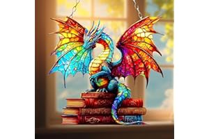 GIKZO Book Dragon Acrylic Suncatcher Stained Glass Effect Window Car Hanging Christmas Ornament Indoor Outdoor Decor Garden Bookish Sun Catcher Panel for Books Lover for Women Mom Grandma