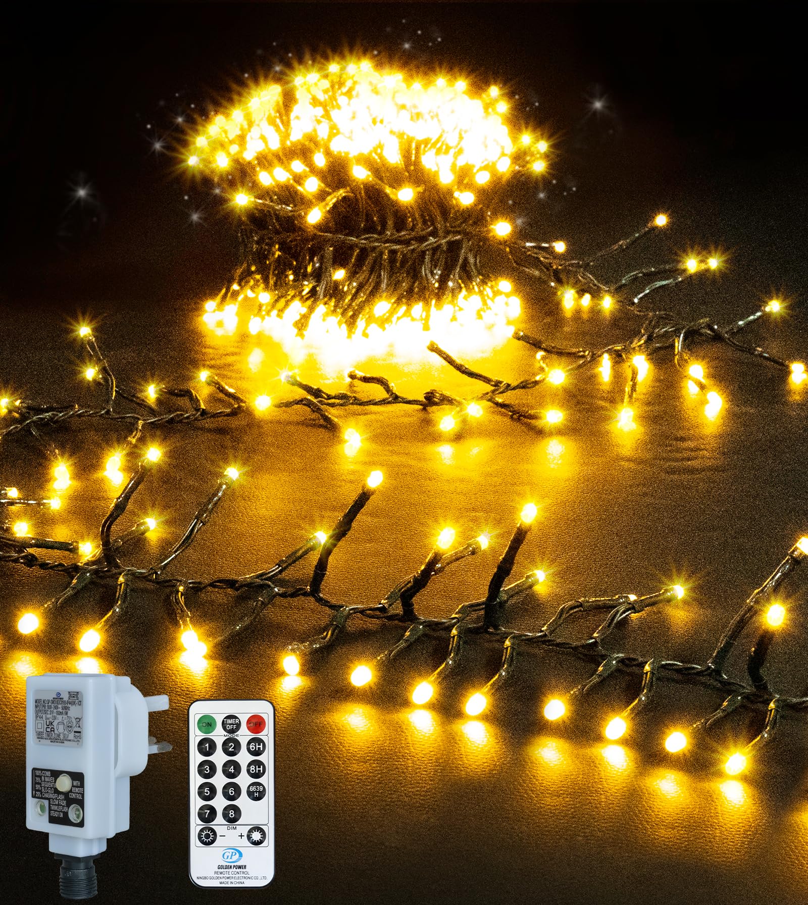 Cluster Christmas Lights Outdoor, 9m 600LEDs Christmas Tree Lights Mains Powered, Fairy Lights with 8 Modes&Timer&4 Brightness Levels&Waterproof with Remote for Garland/Party/Xmas Decorations