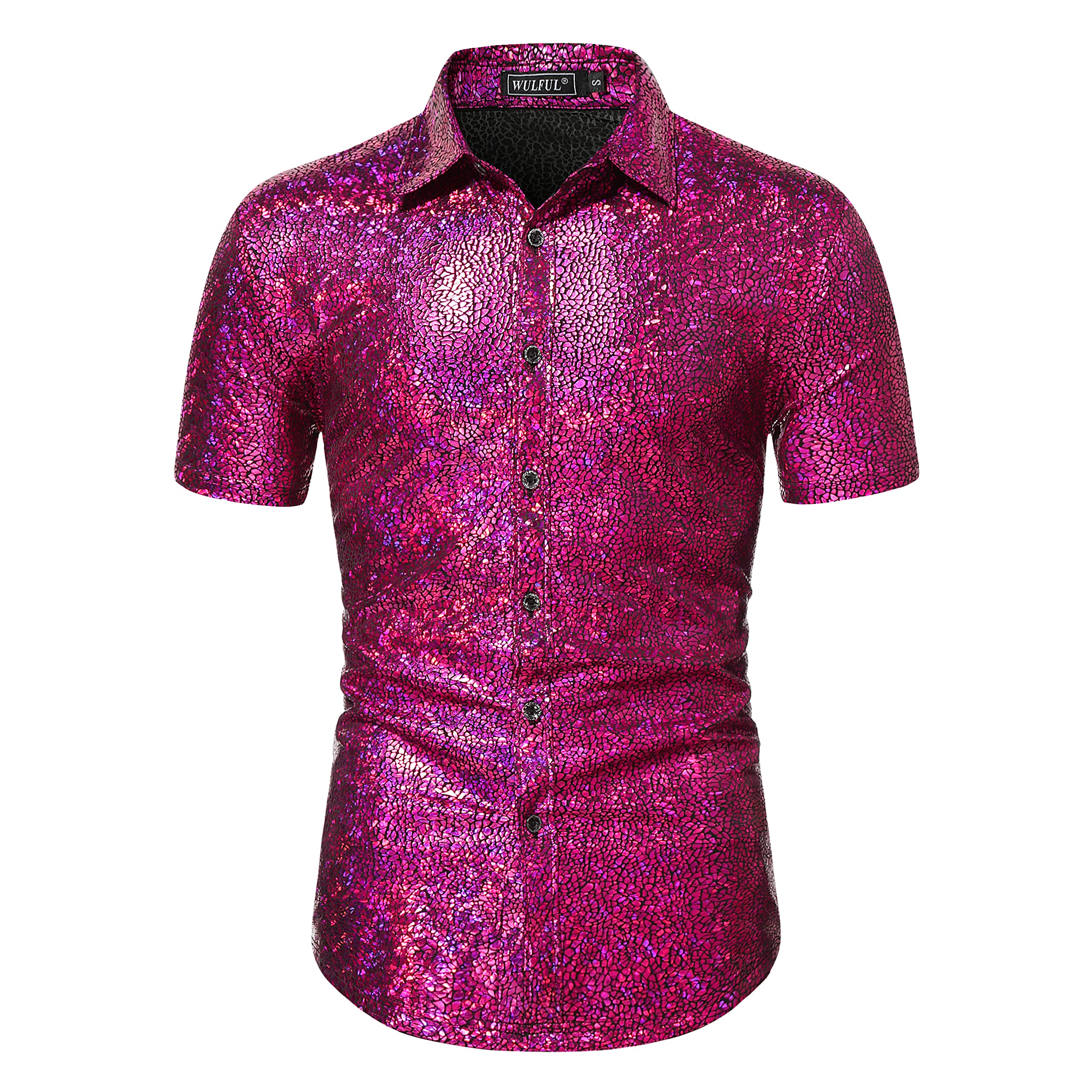 Photo 1 of WULFUL Men's Disco Shirt Sequins Short Sleeve Button Down Shirts 70s Party Costume Dress Shirts