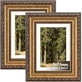 5x7 Picture Frame Gold 2 Pack - Antique Small Vintage Picture Frames | Ornate Frames for Wall &amp; Tabletop Display, Real Glass 5x7 Photo Frame with Mat 4x6 Picture for Vintage Wall Art Decor